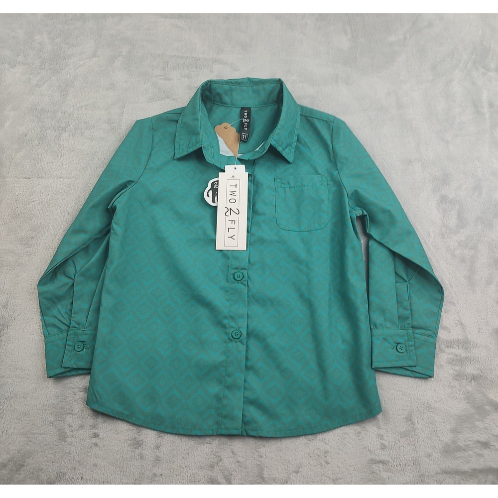 TWO 2 FLY Kids Boys Girls Teal Geometric Button Up Long Sleeve Shirt Size 2T
